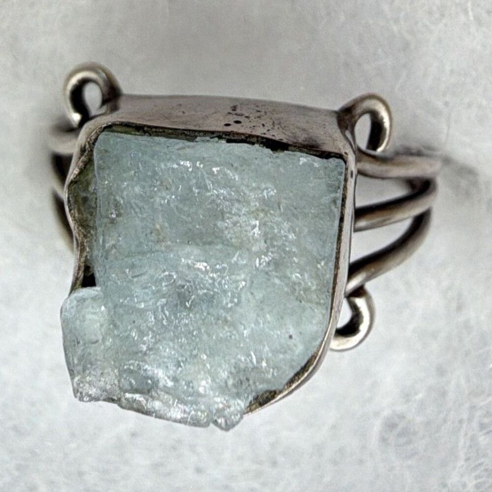 Handcrafted 925 Sterling Silver Aquamarine Bezel Statement Ring Size 8